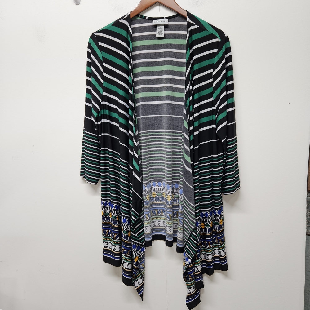 Catherine Plus 1X Striped Open Front Cardigan Aztec Border Print 3/4 Sleeve Boho